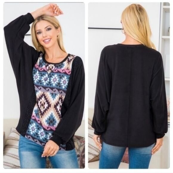 Boho Aztec Print Long Sleeve Top W/ Balloon Sleeves & Black Contrast - Picture 1 of 7
